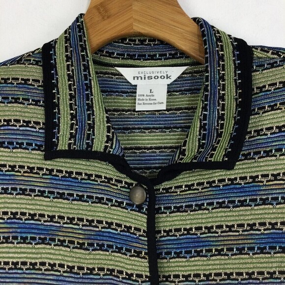 Exclusively Misook Metallic Striped Collared Button Down Knit Cardigan Sweater L - Picture 5 of 11